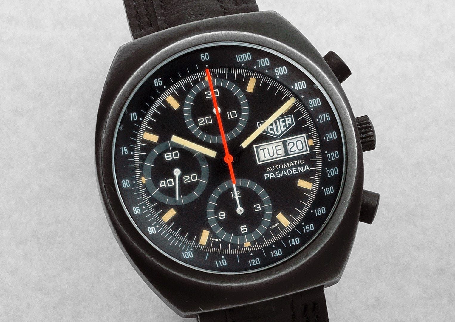 A Heuer Pasadena chronograph from 1981 powered by a Valjoux Calibre 7750. Image courtesy of Bonhams.